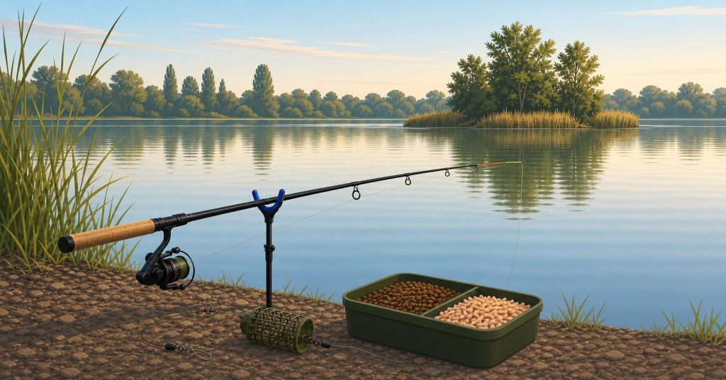 Quiver tip feeder rod set up on a calm Norfolk lake, ready to fish the feeder line
