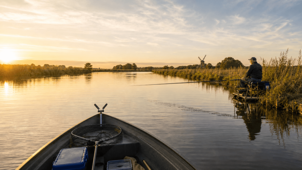 Angler’s-eye view from a small boat on the Norfolk Broads at golden hour, looking across calm, reed-lined water towards an experienced pole angler fishing from the bank.
